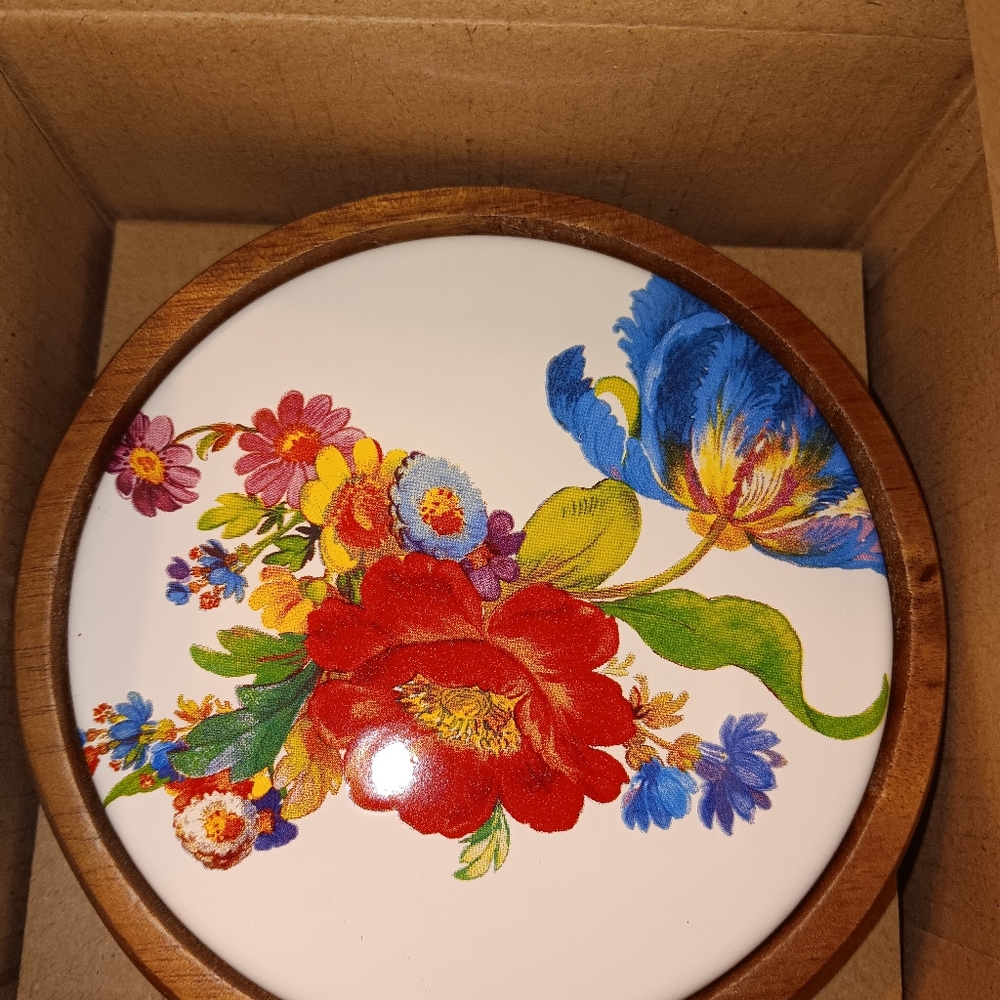 MACKENZIE CHILDS 4PC FLOWER MARKET COASTERS NIB